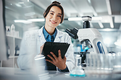 Buy stock photo Portrait, woman and scientist with tablet in lab for microscope research, medical data and science information. Smile, researcher and digital for study feedback, vaccine solution and biotechnology