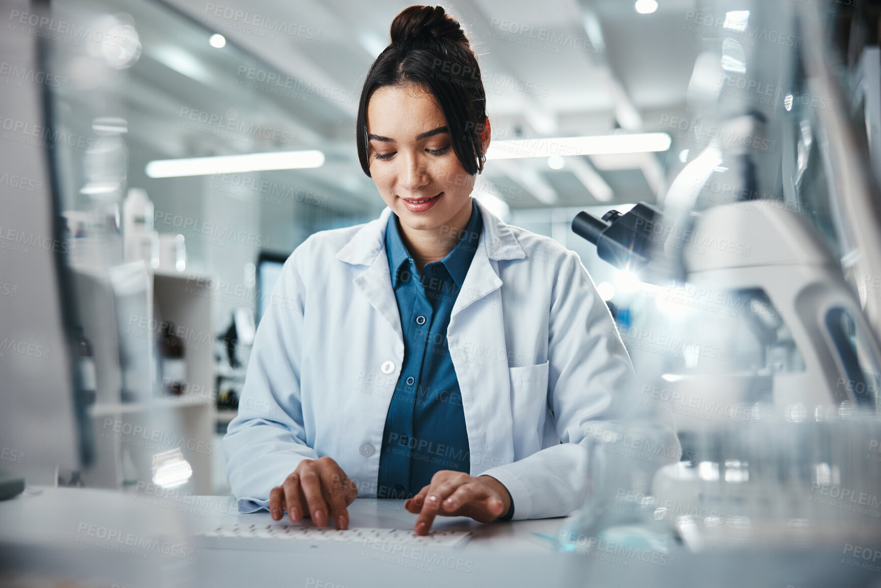 Buy stock photo Computer, typing and woman with scientist in laboratory for development, innovation or research. Pharmaceuticals, science and study with person working on breakthrough, chemistry or discovery