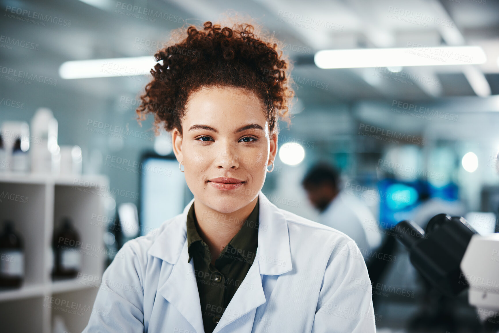 Buy stock photo Scientist, research and portrait of woman in lab for analysis, experiment or chemical test. Medical, study and female biochemist with confidence for investigation, molecule structure or gene therapy