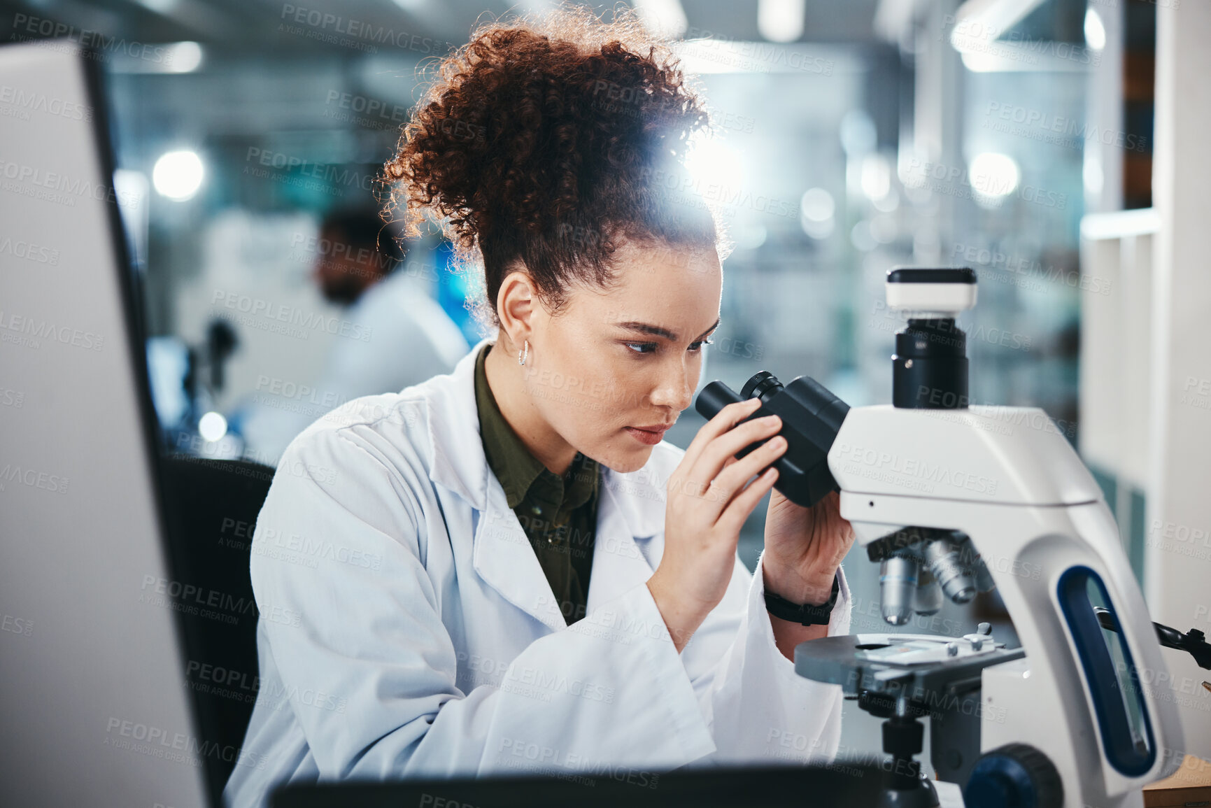 Buy stock photo Healthcare, scientist and microscope for woman in lab of experiment research, medical dna or study bacteria. Person, researcher and biotechnology for pharmaceutical development of vaccine production