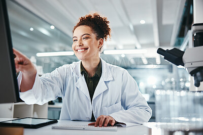 Buy stock photo Computer, science and smile with woman pointing in laboratory for development, innovation or research. Info, pharmaceutical and study with happy scientist at work on medical breakthrough or discovery