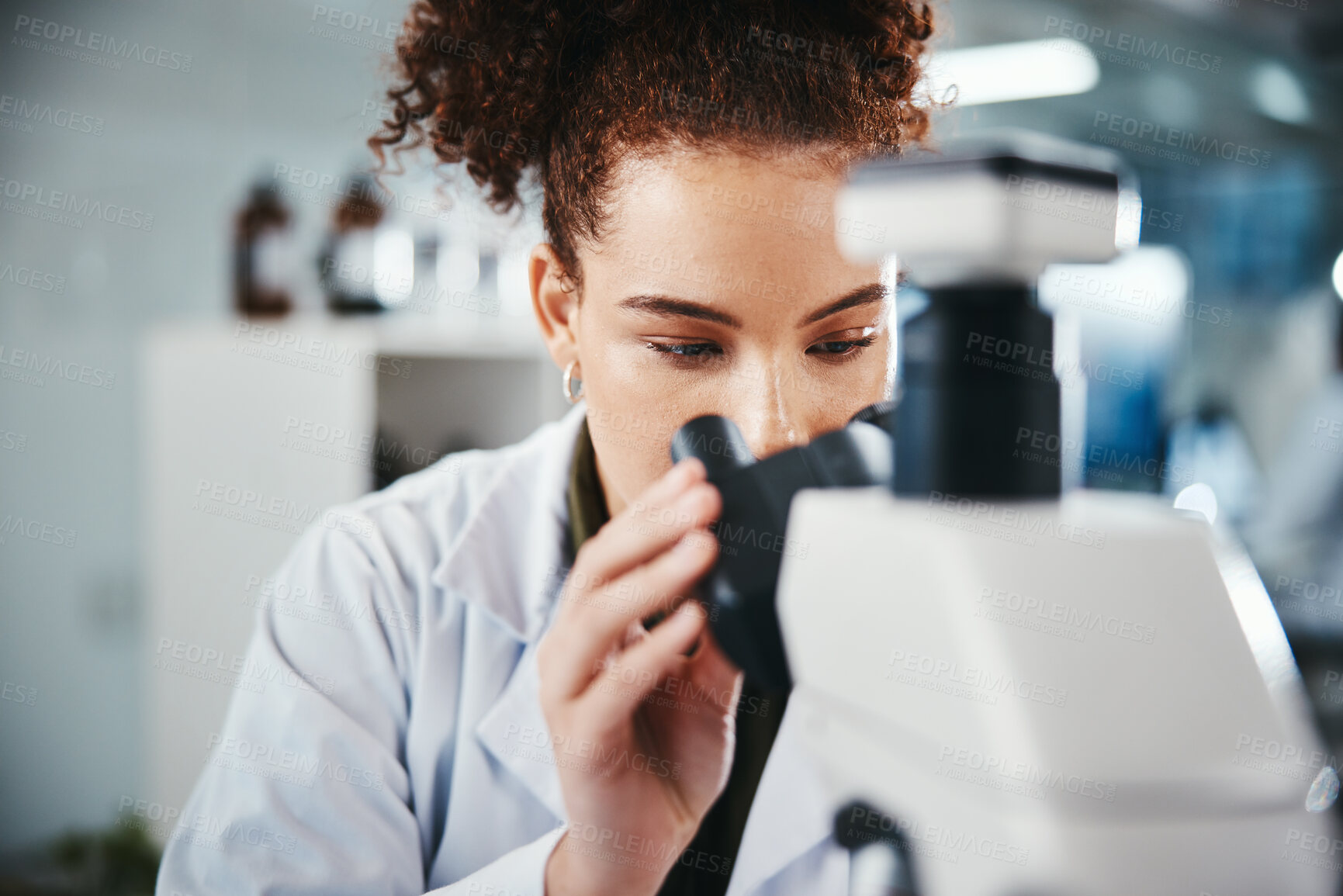 Buy stock photo Microscope, scientist and woman for healthcare in lab of experiment research, medical data or study bacteria. Person, researcher and biotechnology for pharmaceutical development of vaccine production