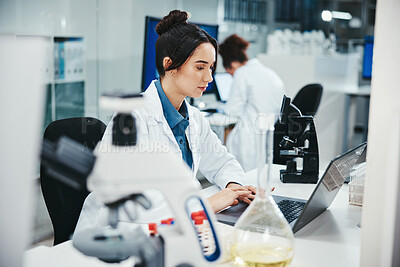 Buy stock photo Laptop, woman and medical scientist in laboratory with online research for cancer clinical trial. Science, computer and female biologist with pharmaceutical discovery for healthcare innovation.