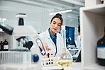 Test tubes, woman and medical scientist in laboratory with blood samples for cancer clinical trial. Research, glass vials and female biologist with dna for pharmaceutical discovery with innovation.