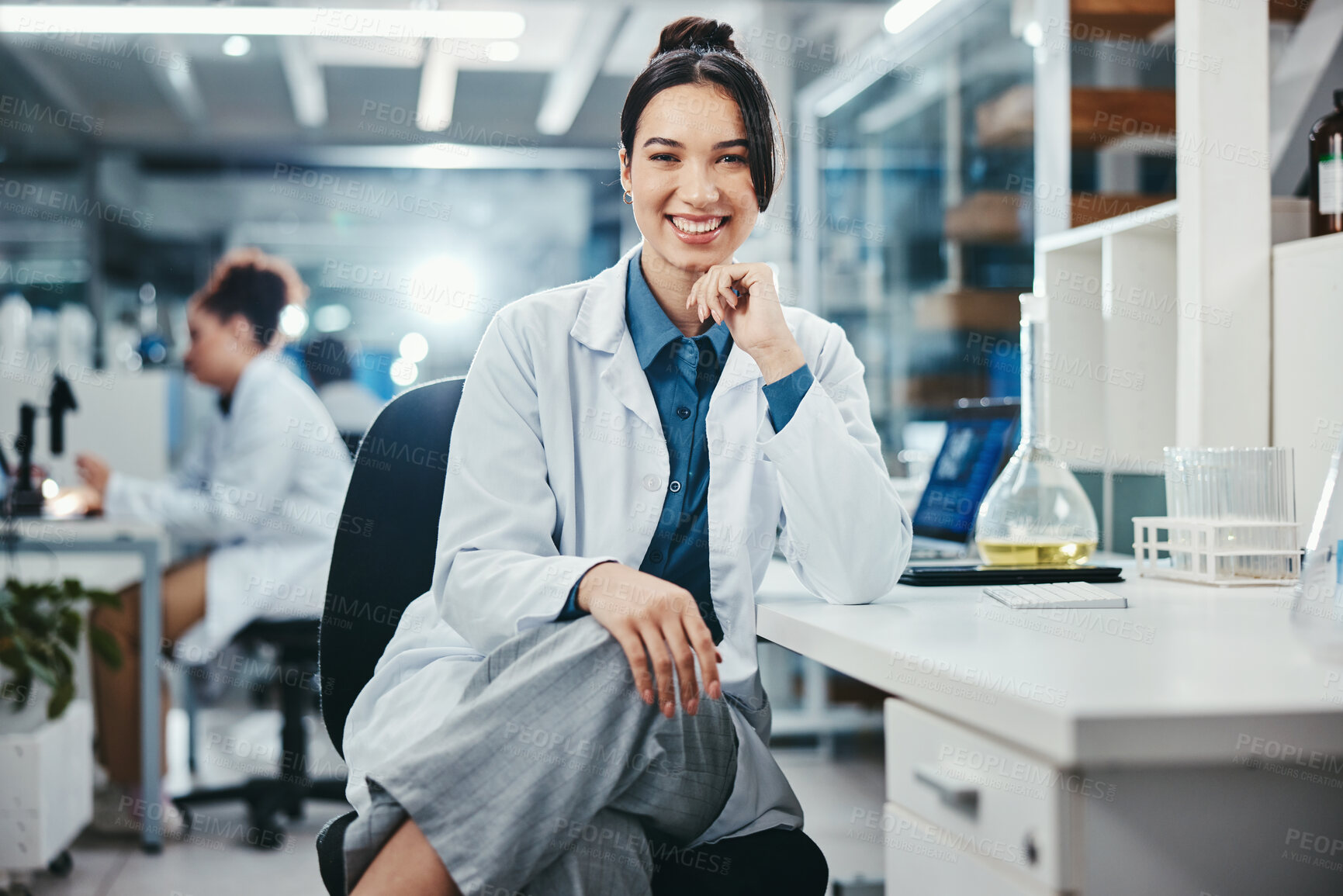 Buy stock photo Scientist, smile and portrait of woman in lab for research, experiment or chemical test. Medical, study and female biochemist with confidence for investigation, molecule structure or gene therapy