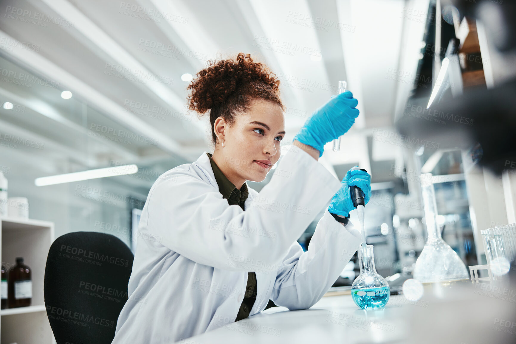 Buy stock photo Reaction, science and solution with woman in laboratory for breakthrough, innovation or research. Beaker, liquid and pharmaceuticals with scientist at work on cure, medicine or vaccine development