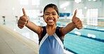 Portrait, girl and happy with thumbs up at swimming center for training, workout and practice for child development. Female person, agree and smile or confident for sports challenge and tournament