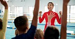 Swimming pool, lesson and teacher with kids with hands up for learning, practice and training. Excited, celebrate and swimmer instructor with children for exercise, fitness and water sports class