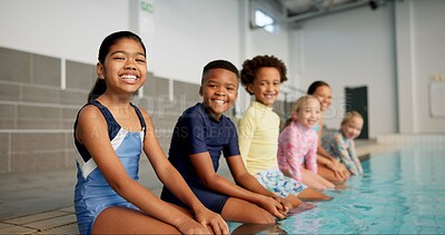 Buy stock photo Portrait, kids and smile in group at swimming pool for training, workout and practice for child development. Diversity, friends and happy for sports challenge, tournament and games for fitness