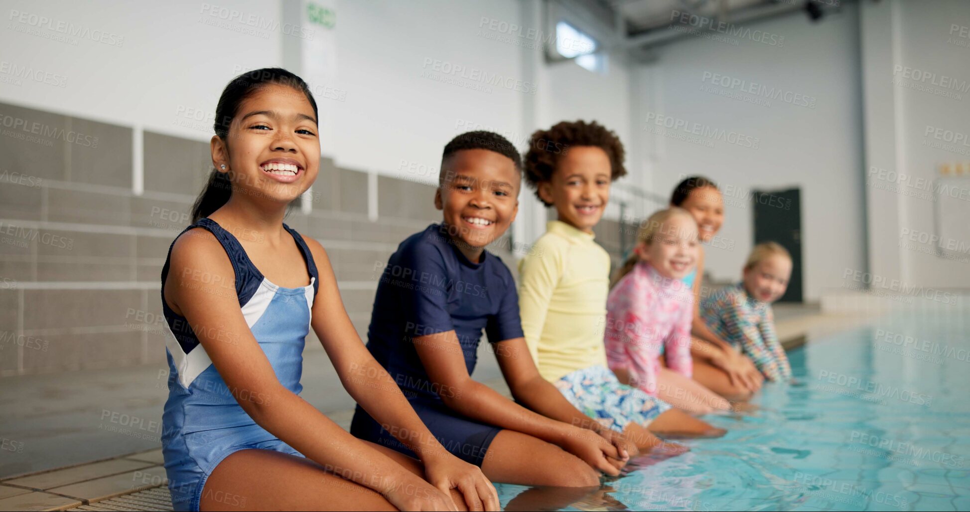 Buy stock photo Portrait, kids and smile in group at swimming pool for training, workout and practice for child development. Diversity, friends and happy for sports challenge, tournament and games for fitness