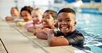 Portrait, kids and happy in room at swimming pool for training, workout and practice for child development. Diversity, friends and smile for sports challenge, tournament and games for fitness
