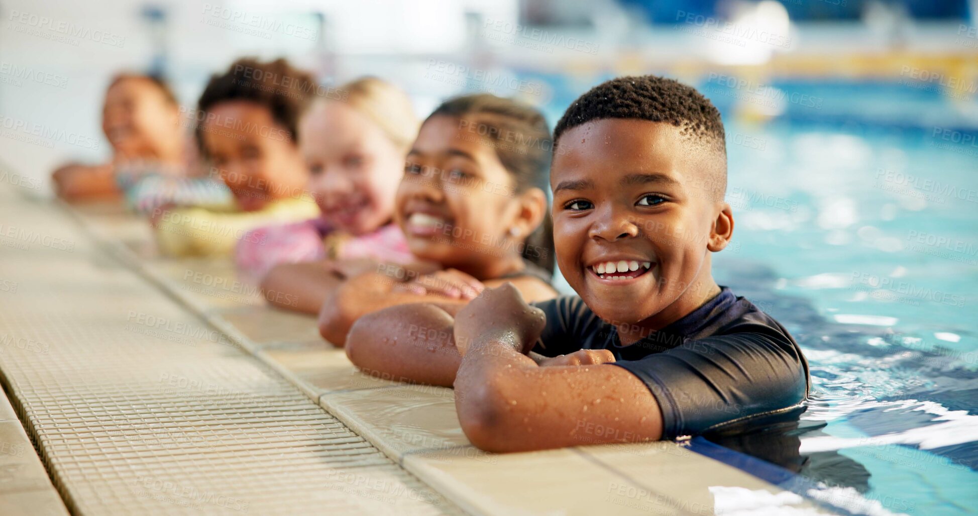 Buy stock photo Portrait, kids and happy in room at swimming pool for training, workout and practice for child development. Diversity, friends and smile for sports challenge, tournament and games for fitness