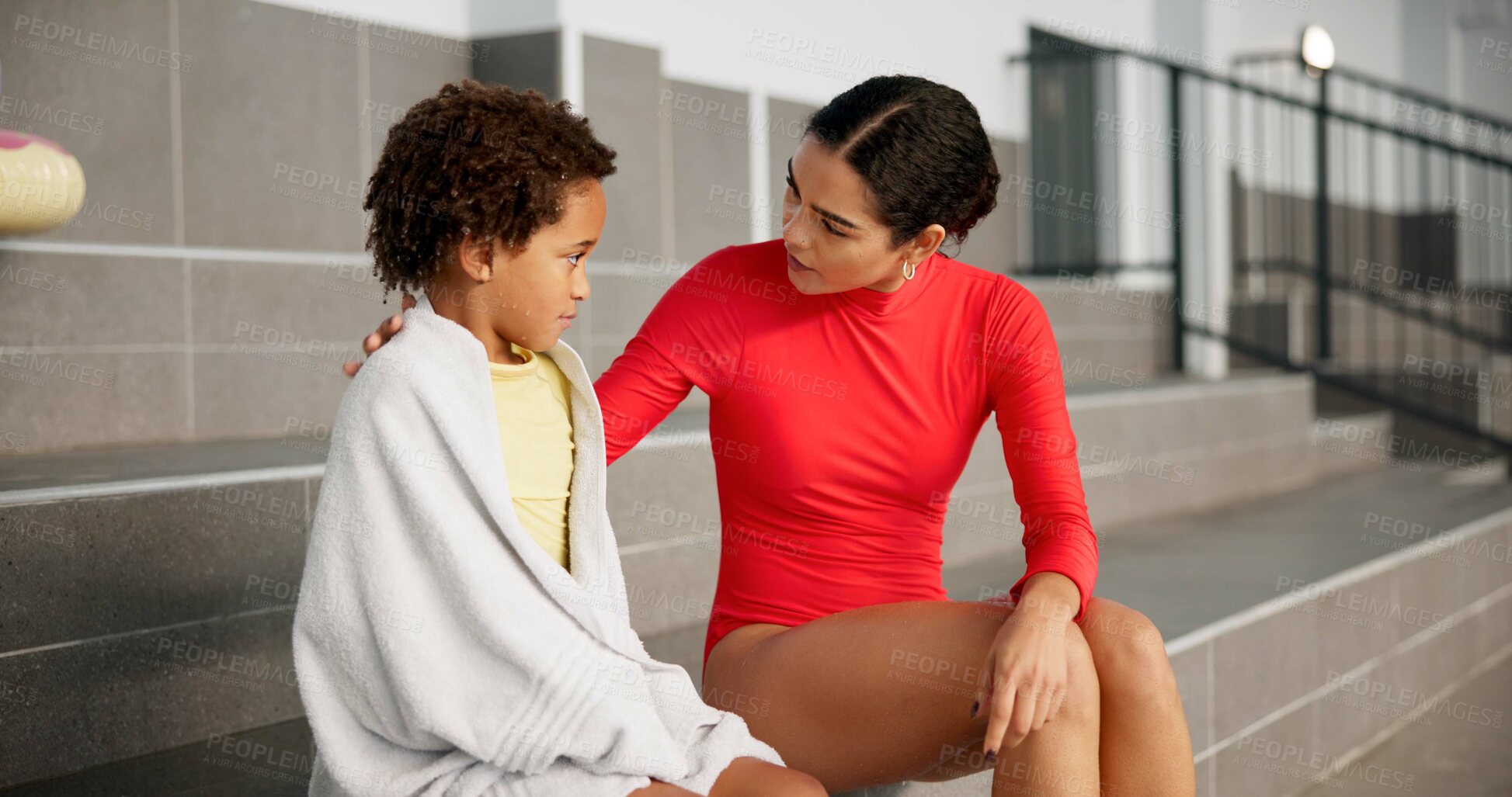 Buy stock photo Woman, boy and pool on swimming lesson at training center for fitness, childcare and child development. People, coach and kid for comfort or care, support and love for sports, workout and practice