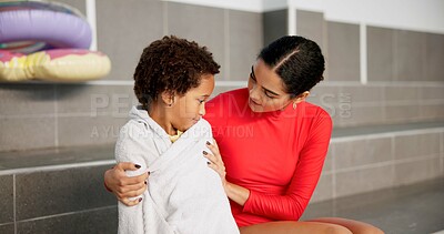 Buy stock photo Mom, boy and comfort on swimming lesson at training center for fitness, childcare and child development. People, parent and kid or son with care, support and love for sports, workout and practice