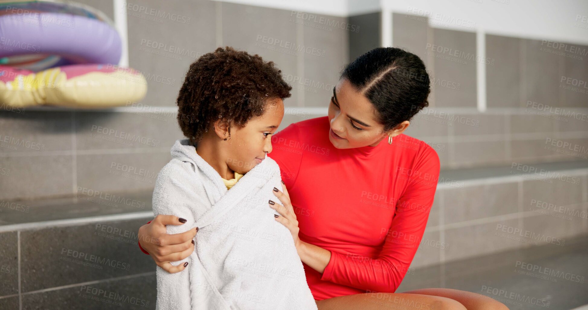 Buy stock photo Mom, boy and comfort on swimming lesson at training center for fitness, childcare and child development. People, parent and kid or son with care, support and love for sports, workout and practice