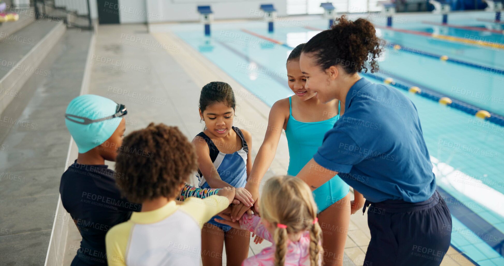 Buy stock photo Swimming, lesson and teacher with kids with hands together for learning, practice and training. Teamwork, celebrate and swimmer instructor with children for exercise, fitness and pool sports class