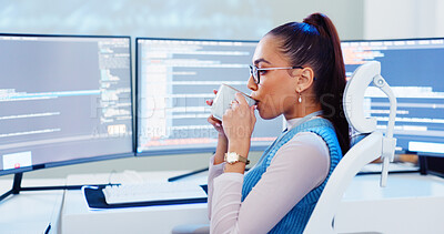 Buy stock photo Software development, woman programmer and computer with coffee for system update or tech programming. Professional, app coding and cyber security with IT database for data analysis or script testing