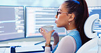 Programming, woman or coffee with computer for software development, reading information or system update. Professional, app coding and cyber security with IT database for data analysis and testing