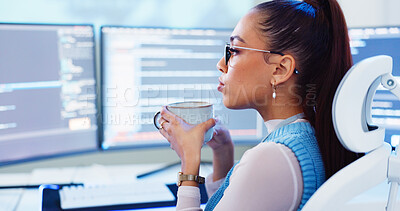 Buy stock photo Programming, woman or coffee with computer for software development, reading information or system update. Professional, app coding and cyber security with IT database for data analysis and testing