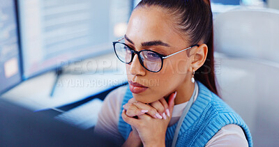 Buy stock photo Programming, woman or thinking with computer for software development, reading information or system update. Professional, app coding and cyber security with IT database for data analysis and testing