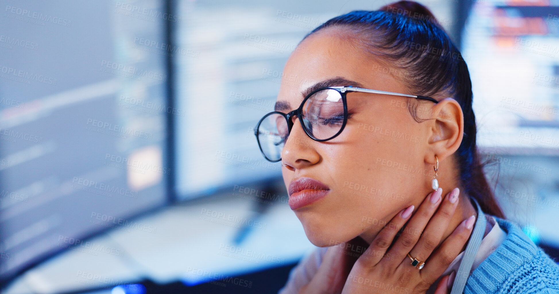 Buy stock photo Woman, stress and neck pain by computer in office for programming software, fatigue and burnout of code glitch. Tired, female programmer and pc with muscle strain, it update error and deadline crisis