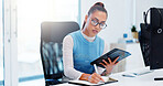 Tablet, writing and woman with plan in office, research and virtual assistant with schedule of meeting. Call center, notebook and customer service with concentration, headset or employee in corporate