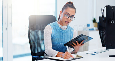 Buy stock photo Tablet, writing and woman with plan in office, research or virtual assistant with schedule or meeting. Glasses, notebook and secretary with concentration, online or employee with journal or corporate