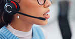 Call center, business woman and face with customer support, advice and online consultation. Office, crm feedback and help desk operator with internet, web and solution advisory with telemarketing 