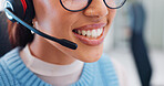 Call center, woman and face with smile at customer support, advice and online consultation job. Office, crm feedback and help desk operator with internet and solution advisory with telemarketing 