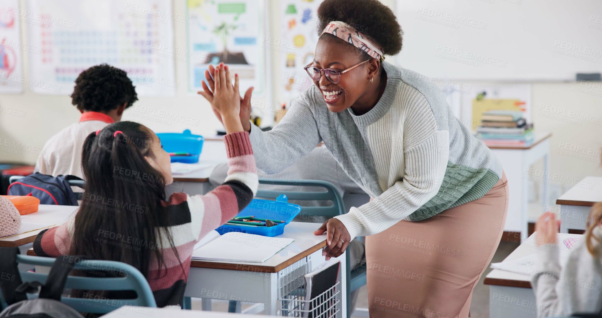 Buy stock photo Children, education or high five with student and teacher in classroom together for motivation or success. Learning, support and study with congratulations of educator for achievement of girl pupil