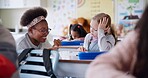 Education, teacher and student with helping in lesson for math support, counting and assessment in classroom. Teaching, educator and numbers assignment at school for development, study and knowledge