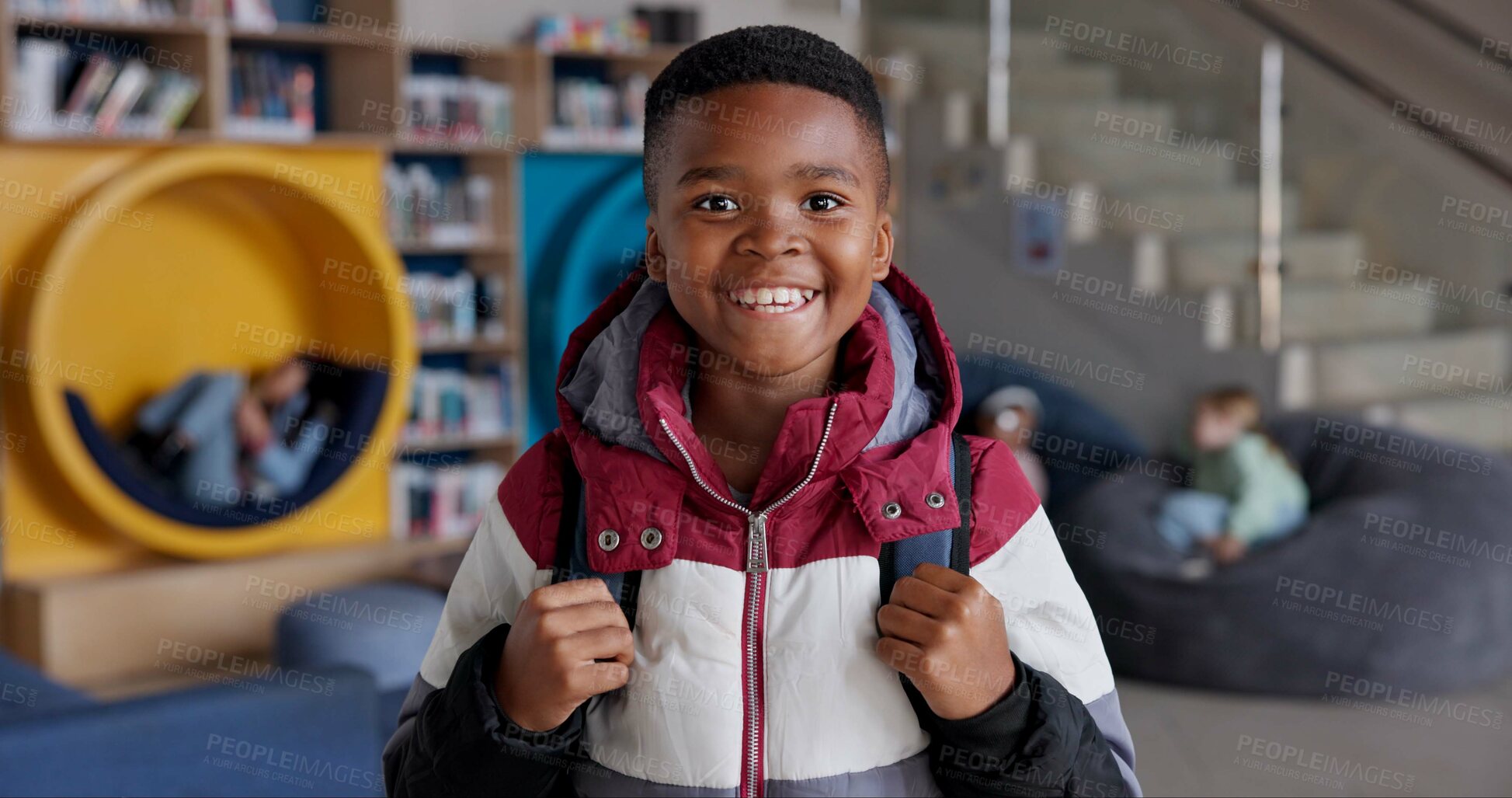 Buy stock photo Student, child and positive in portrait, academy and class for break, lesson or recess at campus or school. Pupil, boy and growth with knowledge, development and scholarship in learning or education