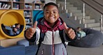 Student, child and thumbs up in portrait, academy and class for break, lesson or recess at campus or school. Pupil, boy and growth with knowledge, development and scholarship in learning or education