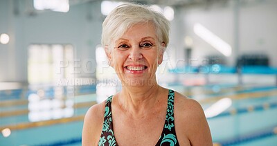 Buy stock photo Senior woman, portrait and smile for swimming, wellness and mental health by indoor pool facility. Elderly person, face and happy in retirement with exercise for fitness, arthritis or aquatic therapy