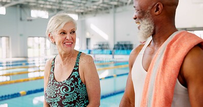 Buy stock photo Happy, mature people and friends in swimming class, laughing and smile for learning in health club. Joke, talking and walking in gym with chat, fitness and pool with water for workout of old man