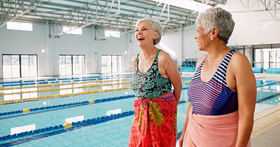 Buy stock photo Fitness, senior people and friends in swimming class, laughing and happy for learning in health club. Joke, talking and walking in gym with chat, smile and pool with water for workout of old women