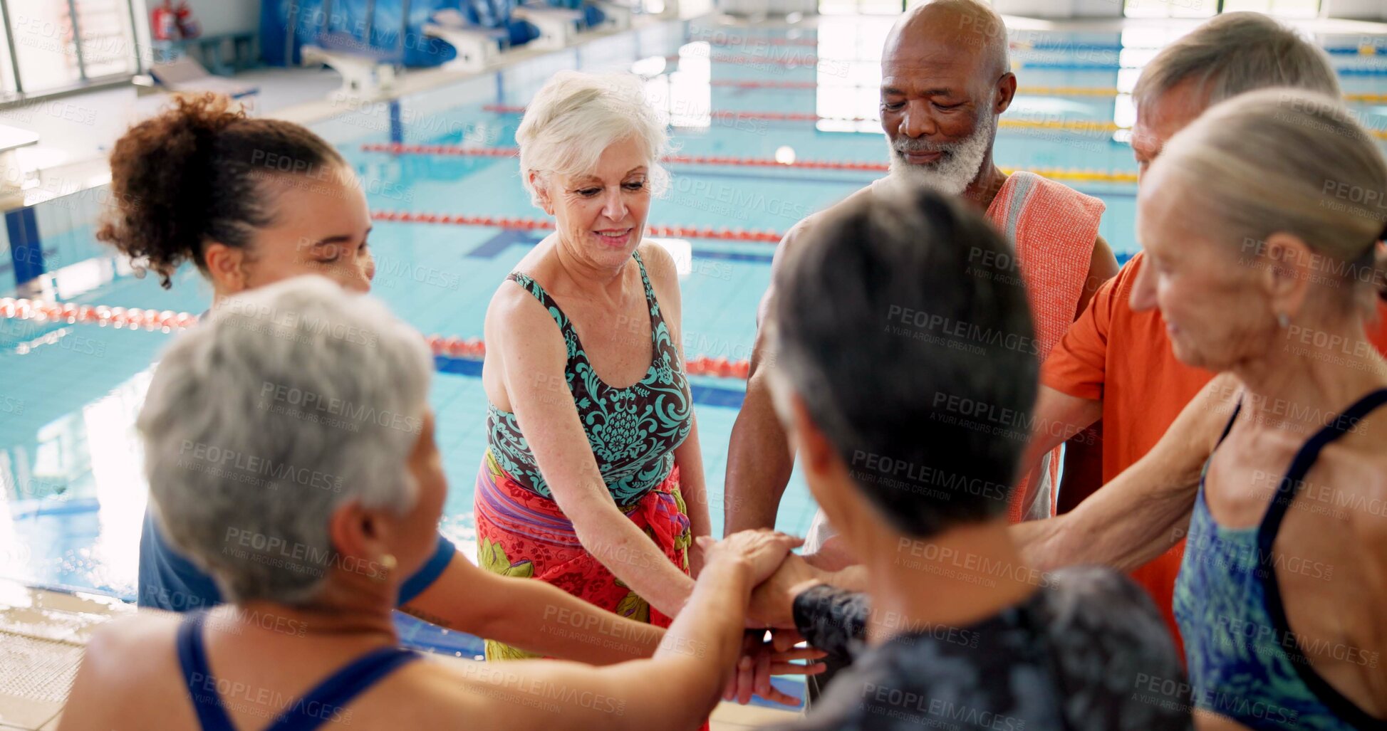 Buy stock photo Swimming pool, senior people and huddle for learning, exercise and training together indoors. Water sports, hydro and physiotherapy for group aqua rehabilitation, health and wellness with coach