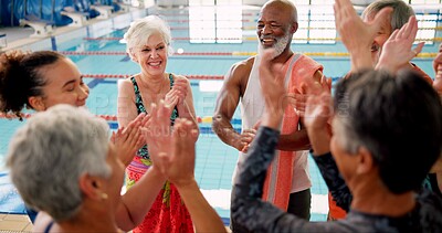 Buy stock photo Swimming pool, senior people and applause for learning, exercise and training together indoors. Water sports, hydro and physiotherapy for group aqua rehabilitation, health and wellness with coach