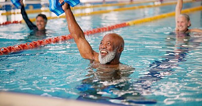 Buy stock photo Dumbbell, training and mature man in swimming pool for exercise, healthy body and strong muscle. Weight, water and aerobics class for fitness, physiotherapy and rehabilitation of happy senior people