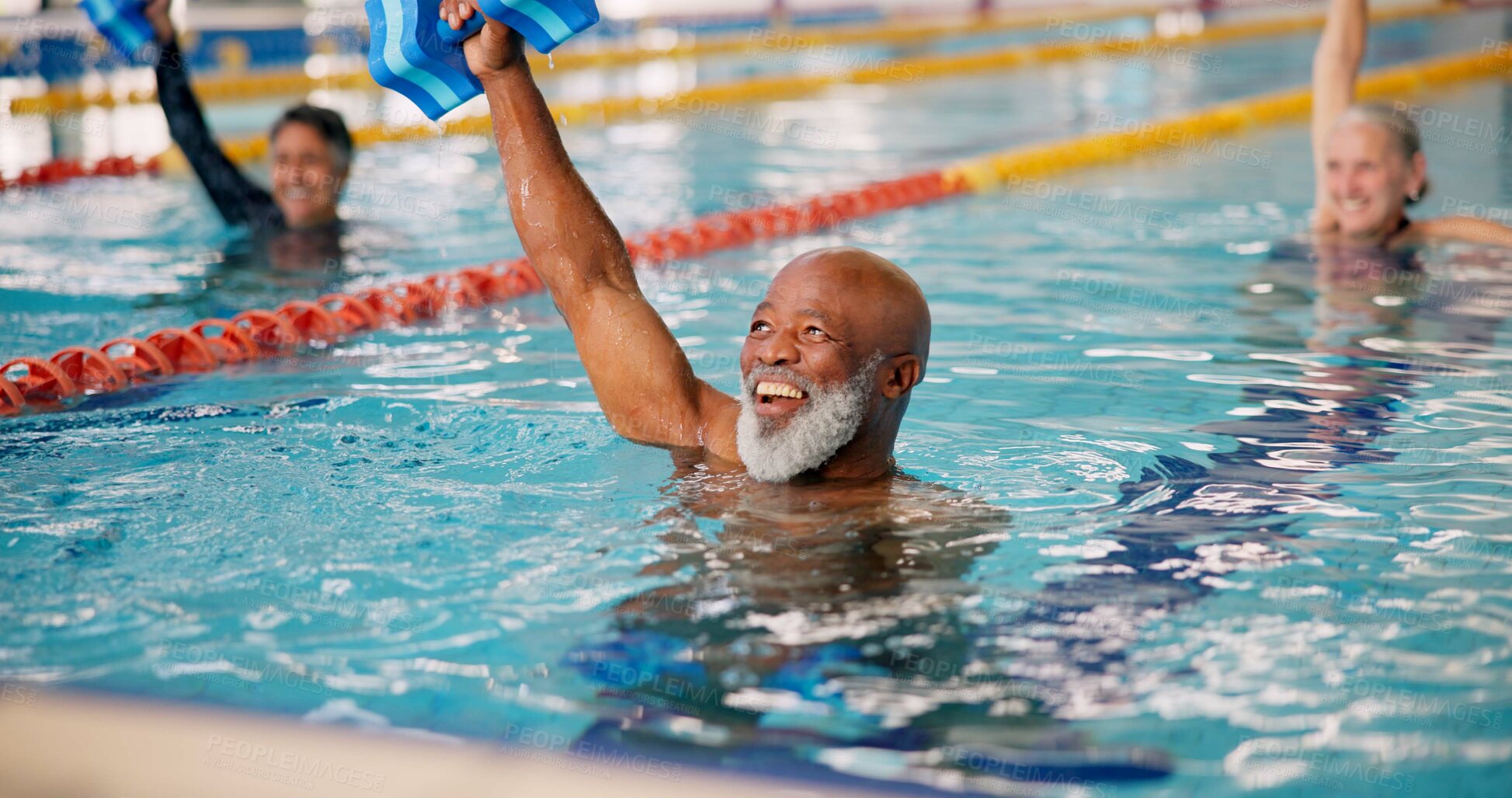 Buy stock photo Dumbbell, training and mature man in swimming pool for exercise, healthy body and strong muscle. Weight, water and aerobics class for fitness, physiotherapy and rehabilitation of happy senior people