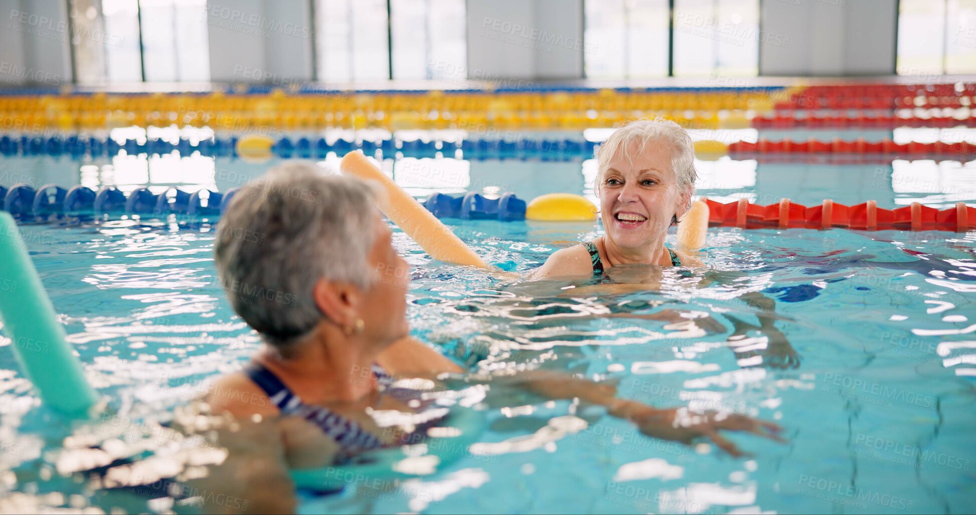 Buy stock photo Smile, training and mature women in swimming pool for exercise, healthy body and strong muscle. Friends, water and aerobics class for fitness, physiotherapy or rehabilitation of happy senior people