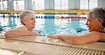 Senior people, pool and smile for swimming, wellness and mental health by indoor aquatic facility. Friends, conversation and happy in water with retirement for fitness, arthritis and rehabilitation