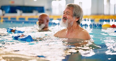 Buy stock photo Dumbbell, group and mature man in swimming pool for exercise, healthy body and strong muscle. Aqua therapy, water and aerobics class for fitness, physiotherapy or rehabilitation of senior person