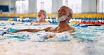 Dumbbell, smile and mature man in swimming pool for exercise, healthy body and strong muscle. Aqua therapy, water and aerobics class for fitness, physiotherapy or rehabilitation of senior people