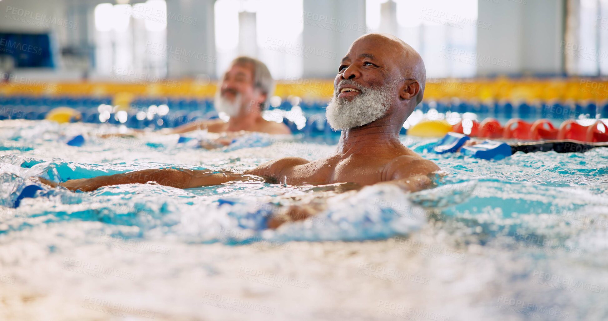 Buy stock photo Dumbbell, smile and mature man in swimming pool for exercise, healthy body and strong muscle. Aqua therapy, water and aerobics class for fitness, physiotherapy or rehabilitation of senior people