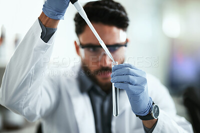 Buy stock photo Science, dropper and man with test tube in lab for chemistry, experiment and pharmaceutical development. Scientist, PPE and investigation with glass vial for study, innovation and antiviral compound