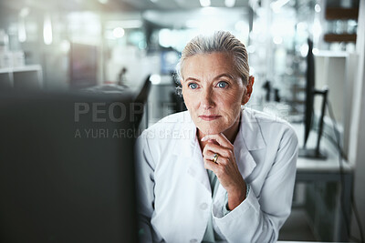 Buy stock photo Thinking, woman and scientist by computer in laboratory for medical research on cancer drug trial. Ideas, project and mature female biologist with clinic protocol development for pharmaceutical study