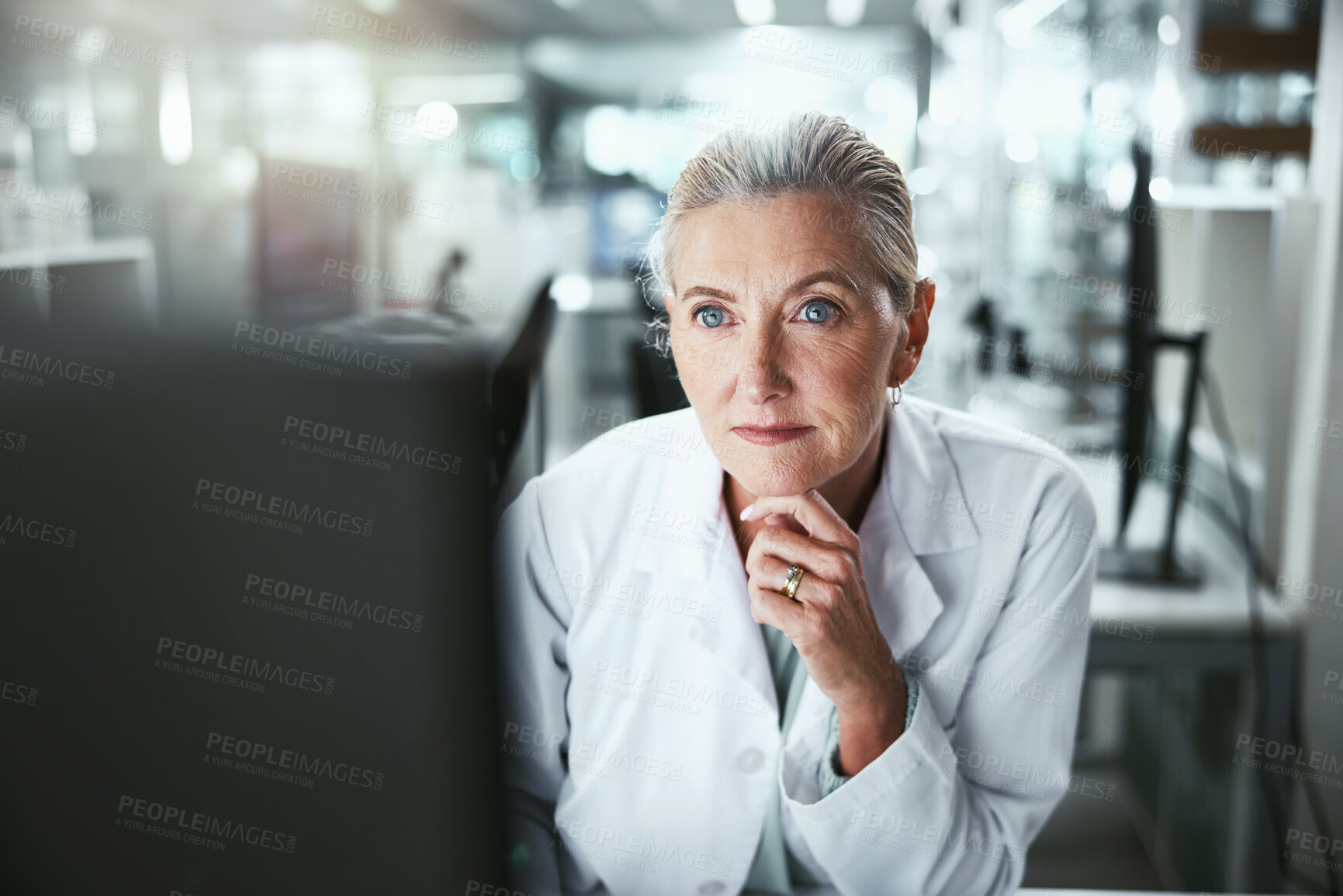 Buy stock photo Thinking, woman and scientist by computer in laboratory for medical research on cancer drug trial. Ideas, project and mature female biologist with clinic protocol development for pharmaceutical study