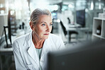 Reading, woman and scientist with computer in laboratory for medical research on cancer drug trial. Project, tech and female biologist with clinical protocol development for pharmaceutical discovery.