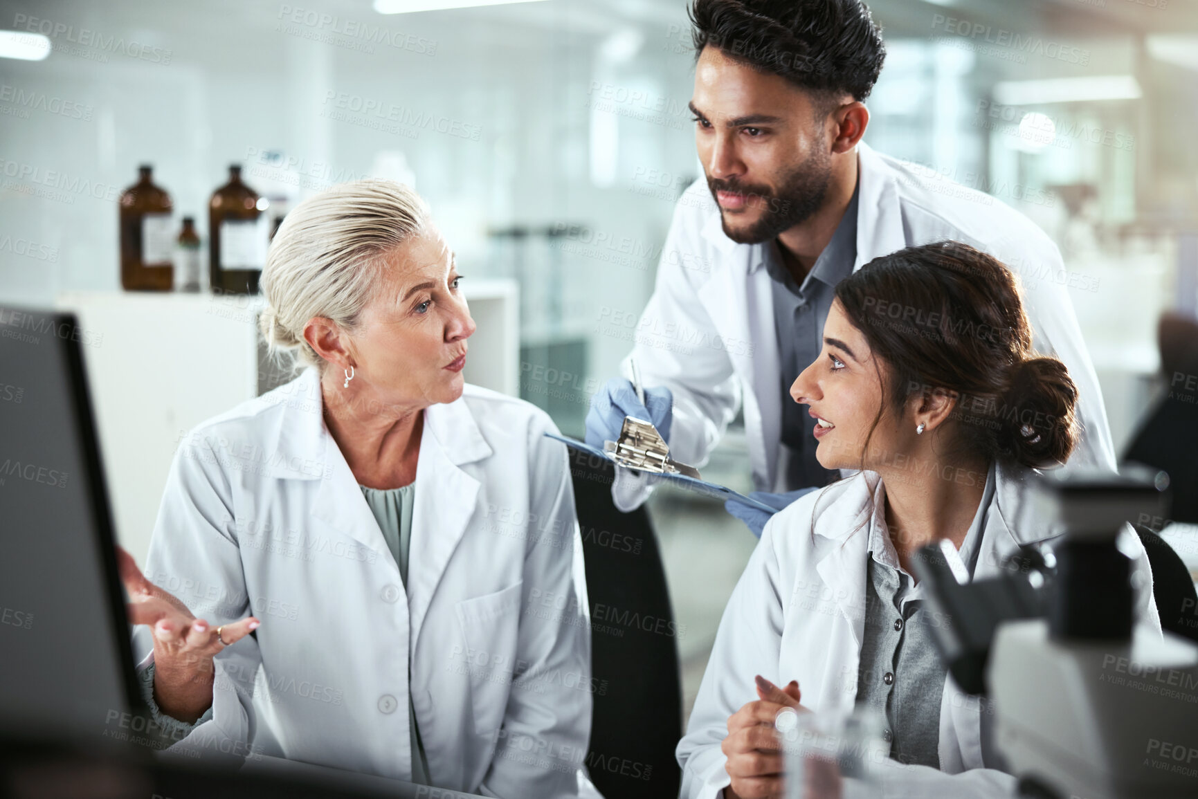 Buy stock photo Computer, discussion and manager with scientists in lab for pharmaceutical innovation with drug trial. Research, help and mentor with biomedical students with internship for analytical chemistry.